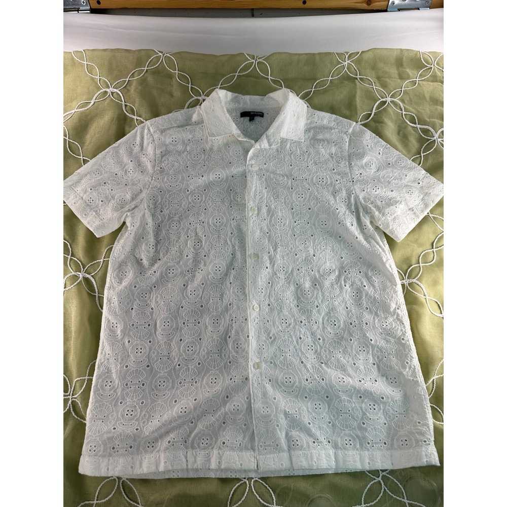 Murano Slim Fit Mens Large White Eyelet Embroidered Short Sleeve Button Up Shirt